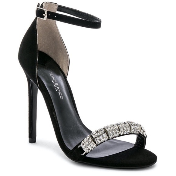 Tony Bianco Black Kid Suede Crystal Embellished Stiletto Krysta Heels EUC Size 8 - Picture 1 of 11